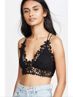 NWT Free People Black Lace Smocked Bralette Lace Floral Boho, Size S